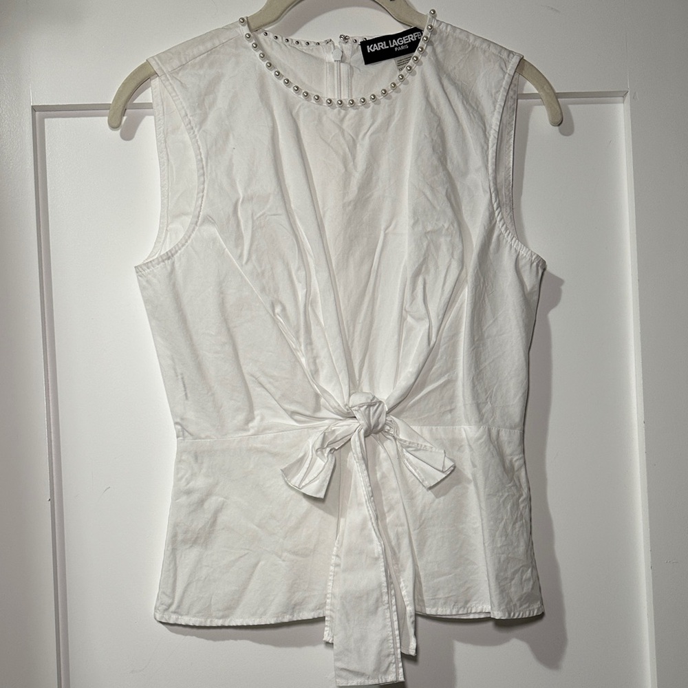 Karl Lagerfeld White Sleeveless Top with Pearl Studded Neckline